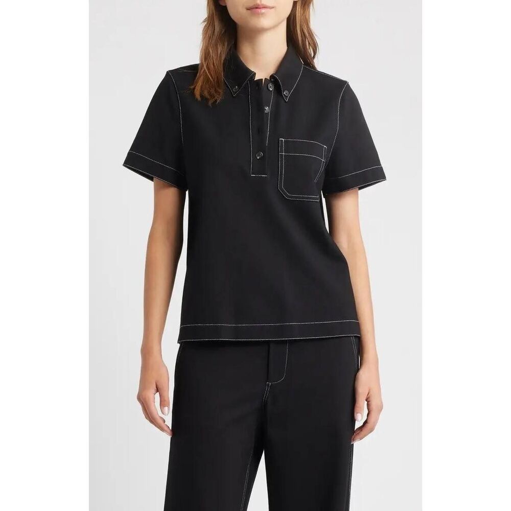New Rag & Bone Women's Irina Contrast-Stich Polo Shirt in Black Size L